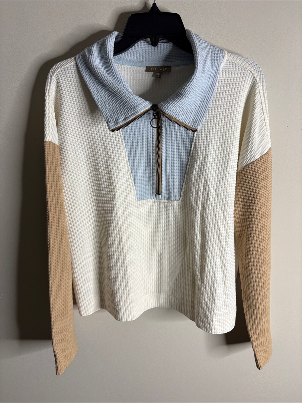Lilla P Cream Waffle-Knit Pullover with Light Blue Zip Collar and Tan Sleeves